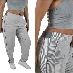Athleta Brooklyn Textured Anke Pants in Grey & White Pin Stripes